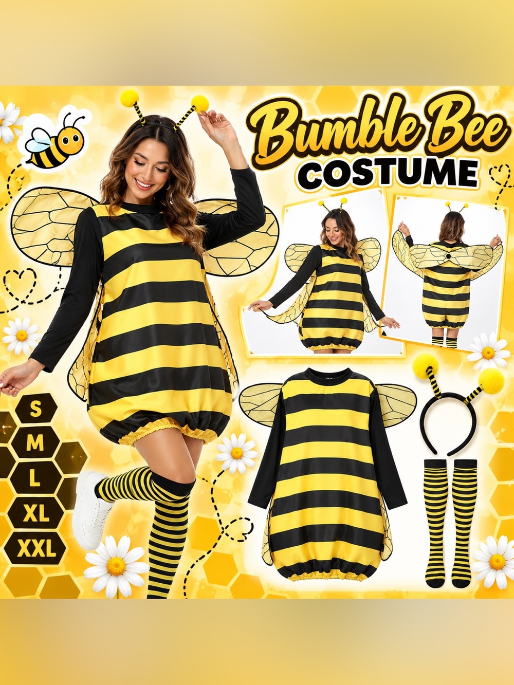 Women’s Bumble Bee Halloween Costume Dress Wings Headband Cosplay Party Outfit